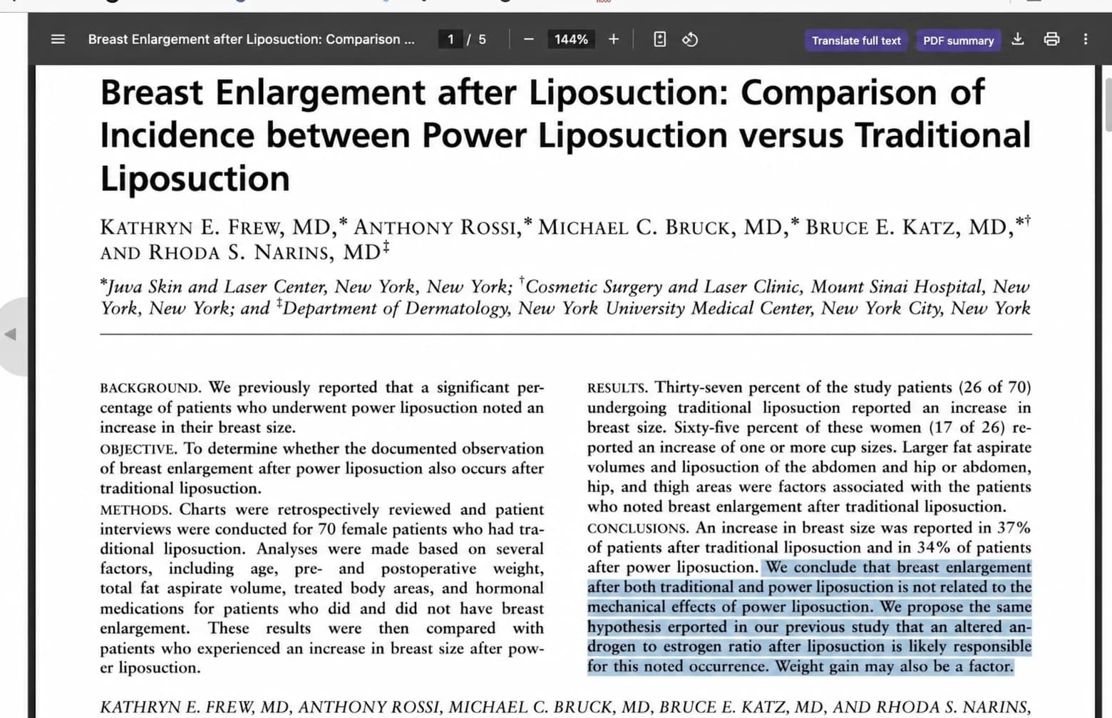 Study page on breast-size observations after liposuction — AI-assisted English text adaptation; not an unedited medical original