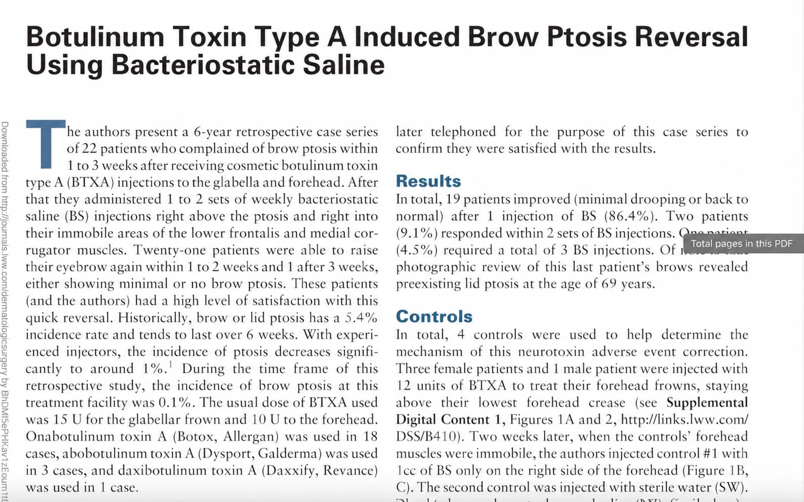 Brow-ptosis study and PDF-viewer tooltip — AI-assisted English text adaptation; not an unedited medical original