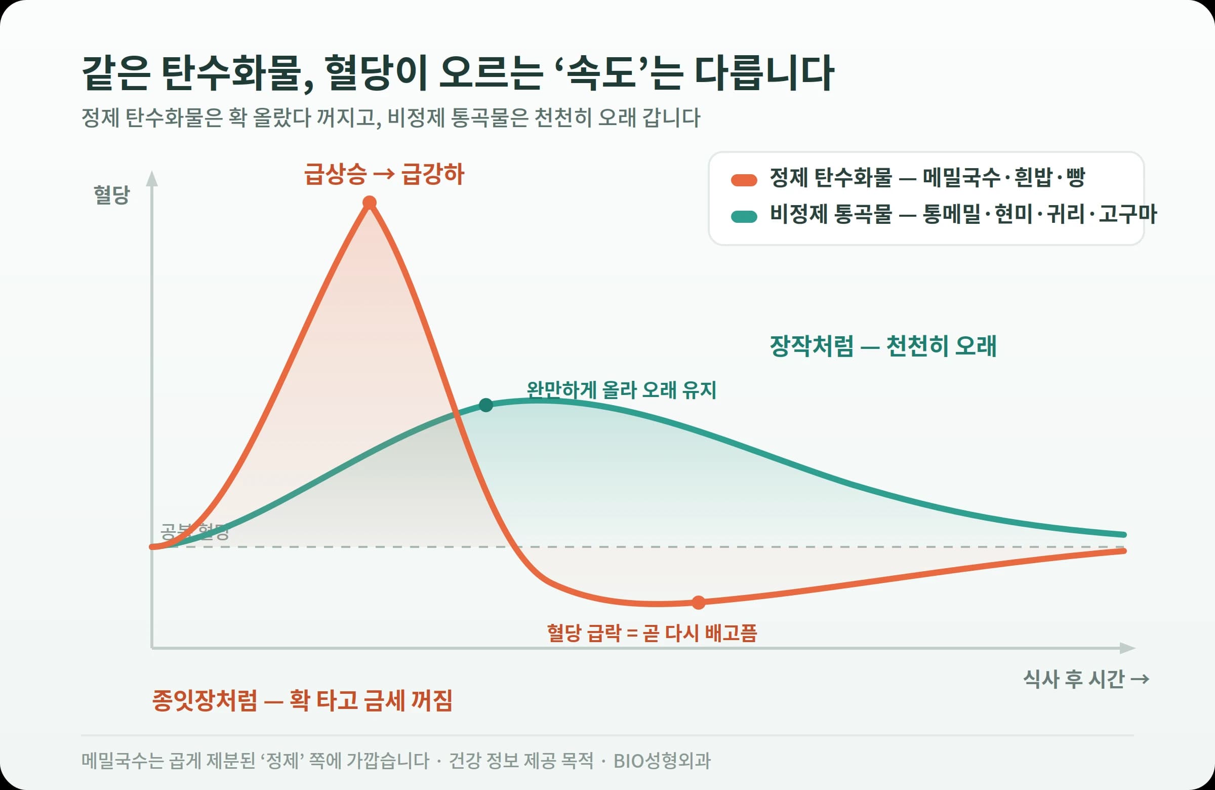 탄수화물 종류에 따른 혈당 변화 설명 도표