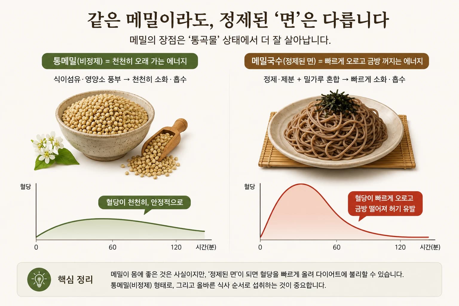 메밀과 정제 탄수화물을 비교하는 원문 도해
