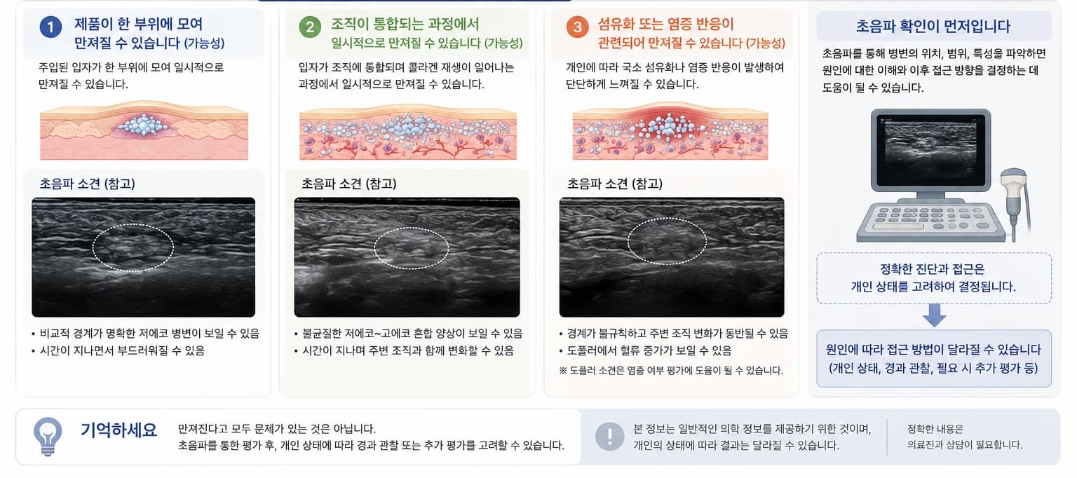 콜라겐 부스터 후 단단함의 원인과 초음파 평가를 설명하는 도표