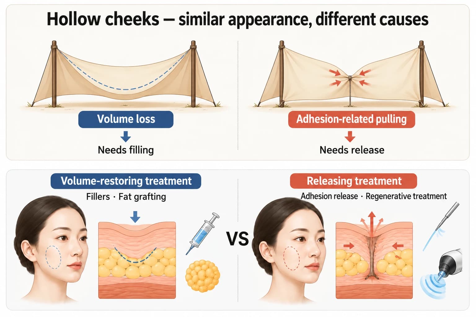 Different treatment directions for volume loss and adhesion-related pulling