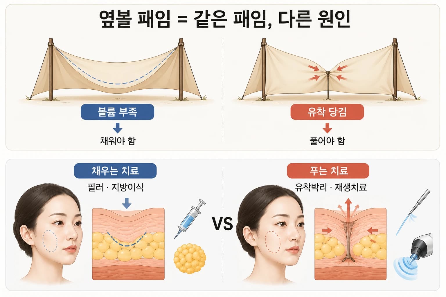 옆볼의 볼륨 부족과 유착을 비교하는 도해