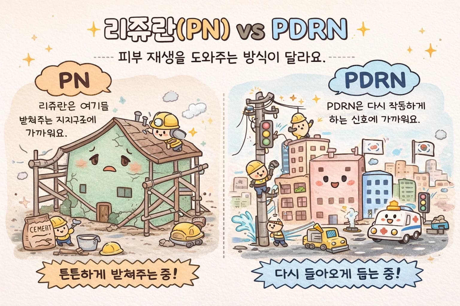 PN과 PDRN을 집의 구조와 기능 회복에 비유한 원문 설명 그림