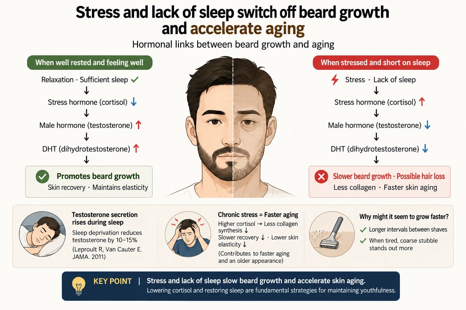 An English infographic explaining stress, sleep deprivation, beard growth, and skin aging