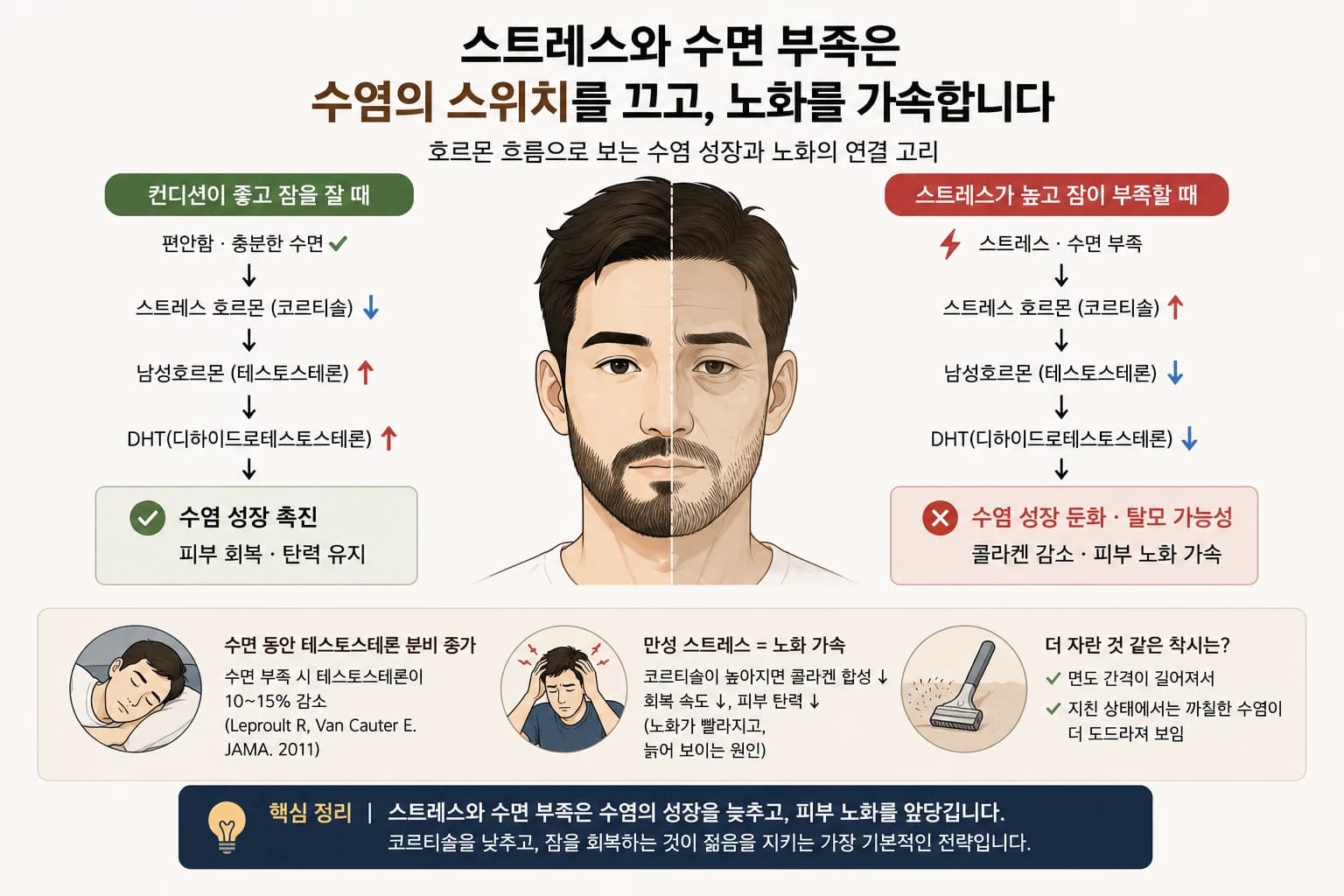 스트레스와 수면 부족에 따른 수염 성장·노화 설명 도해
