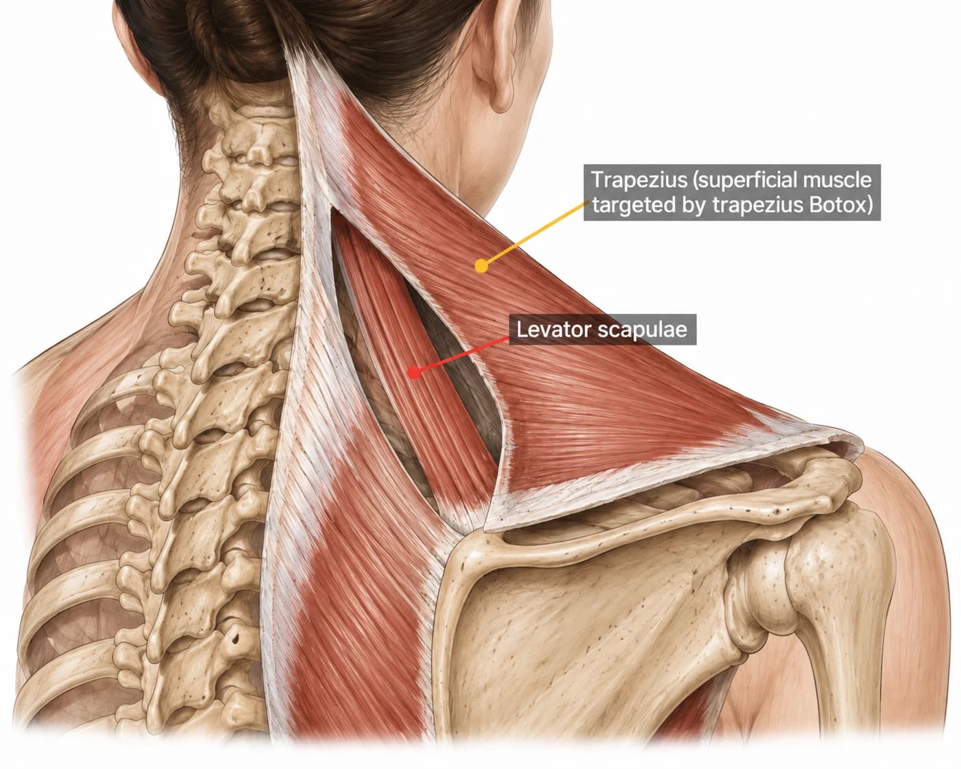 The trapezius and underlying levator scapulae muscles