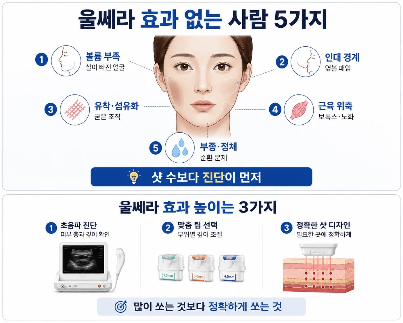 얼굴 상태와 울쎄라 시술의 평가 기준을 설명하는 도해